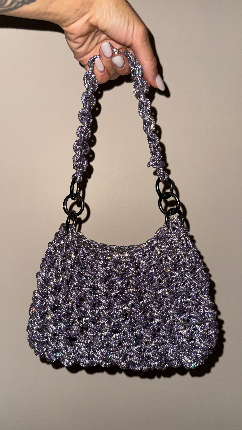 Luxury Silver Rhinestone Macrame Bag – Handcrafted Evening Clutch & Crystal Purse
