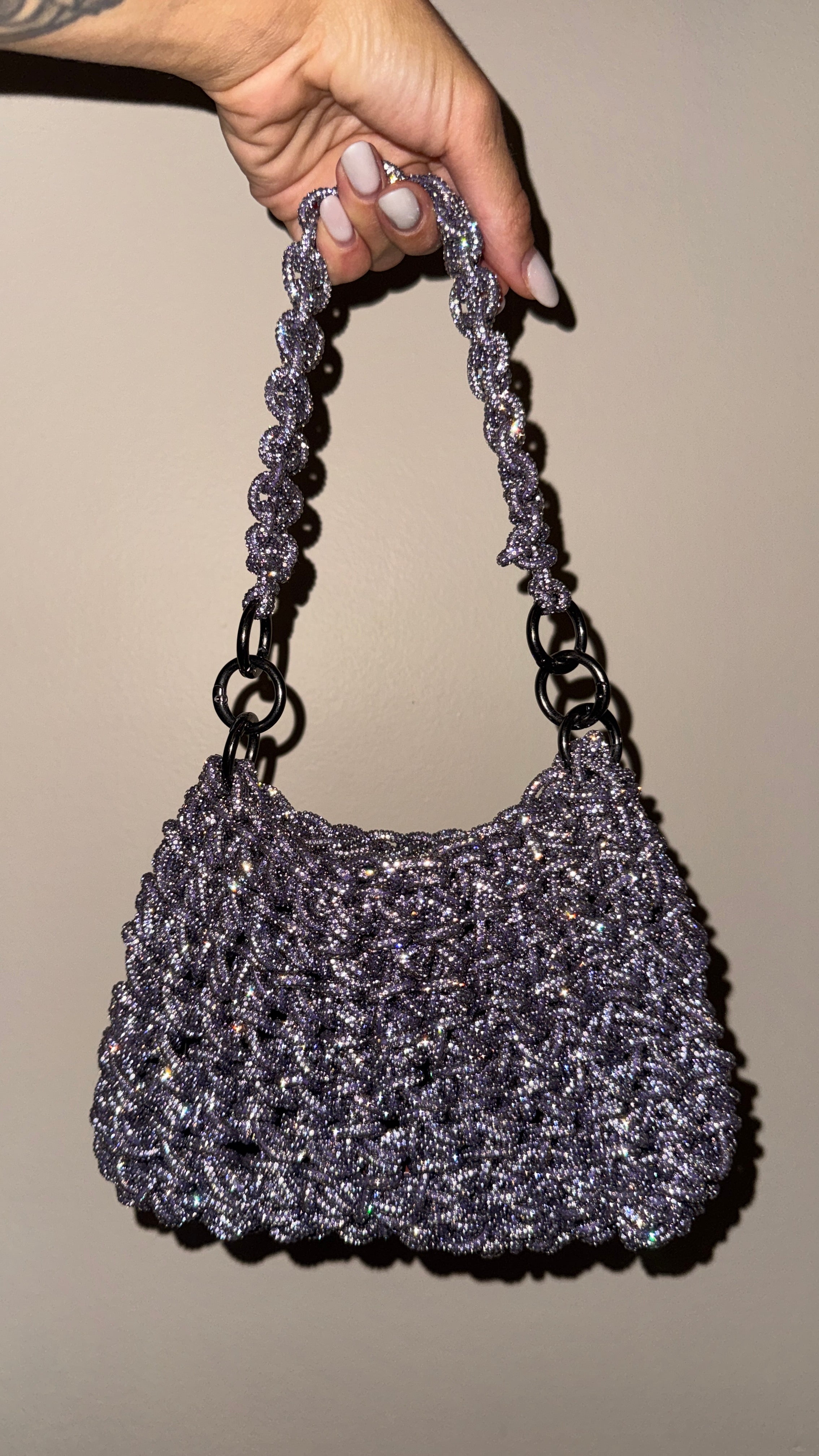 Luxury Silver Rhinestone Macrame Bag – Handcrafted Evening Clutch & Crystal Purse