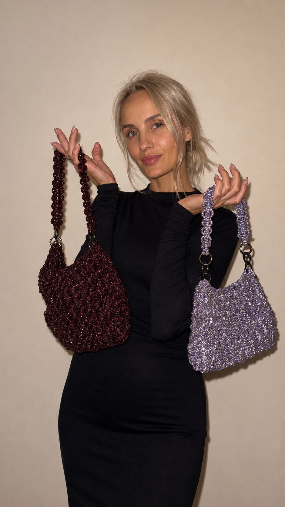 Handcrafted Rhinestone Macrame Bag – "Red Wine" Edition