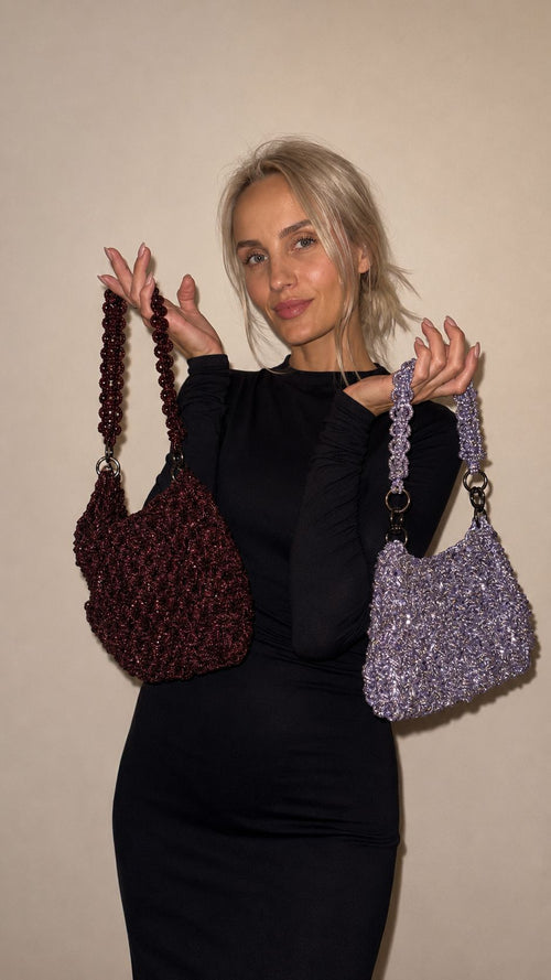 Handcrafted Rhinestone Macrame Bag – "Red Wine" Edition
