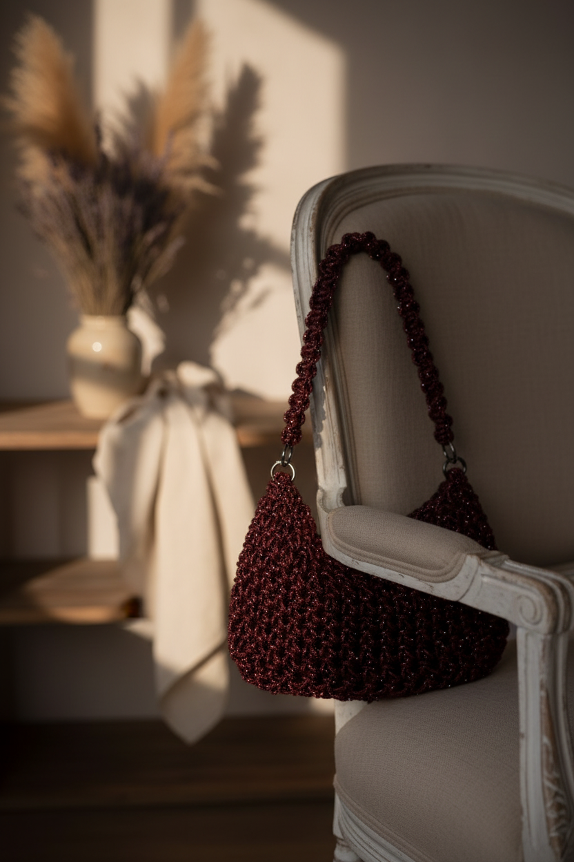 Handcrafted Rhinestone Macrame Bag – Red Wine Edition