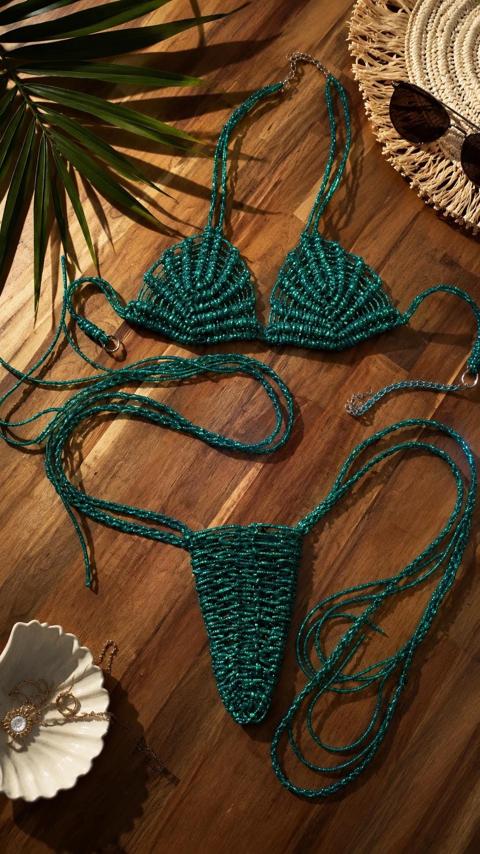 Rhinestone Bikini Set, Handmade Macrame Swimwear, Green Crystal Two Piece, Festival Beachwear, Custom Size
