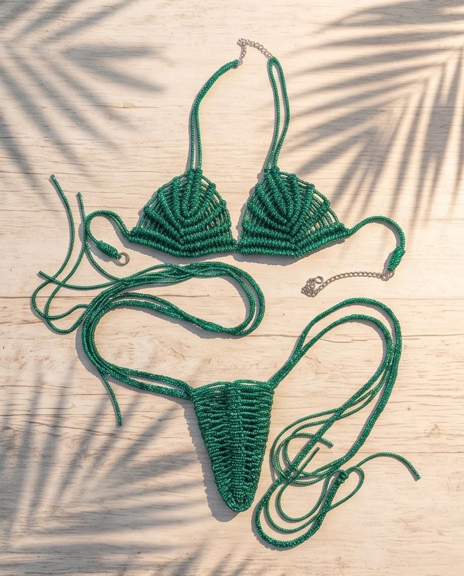 Rhinestone Bikini Set, Handmade Macrame Swimwear, Green Crystal Two Piece, Festival Beachwear, Custom Size
