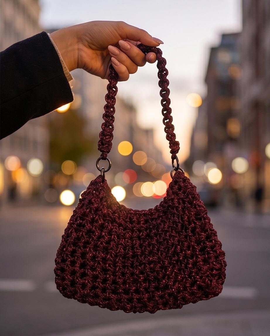 Burgundy Rhinestone Shoulder Bag, Crochet Crystal Purse, Handmade Top Handle Evening Handbag