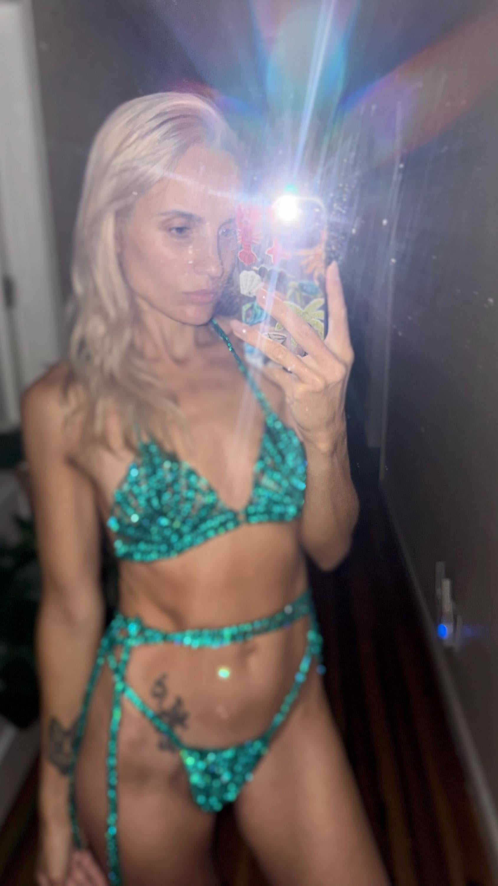 Rhinestone Bikini Set, Handmade Macrame Swimwear, Green Crystal Two Piece, Festival Beachwear, Custom Size