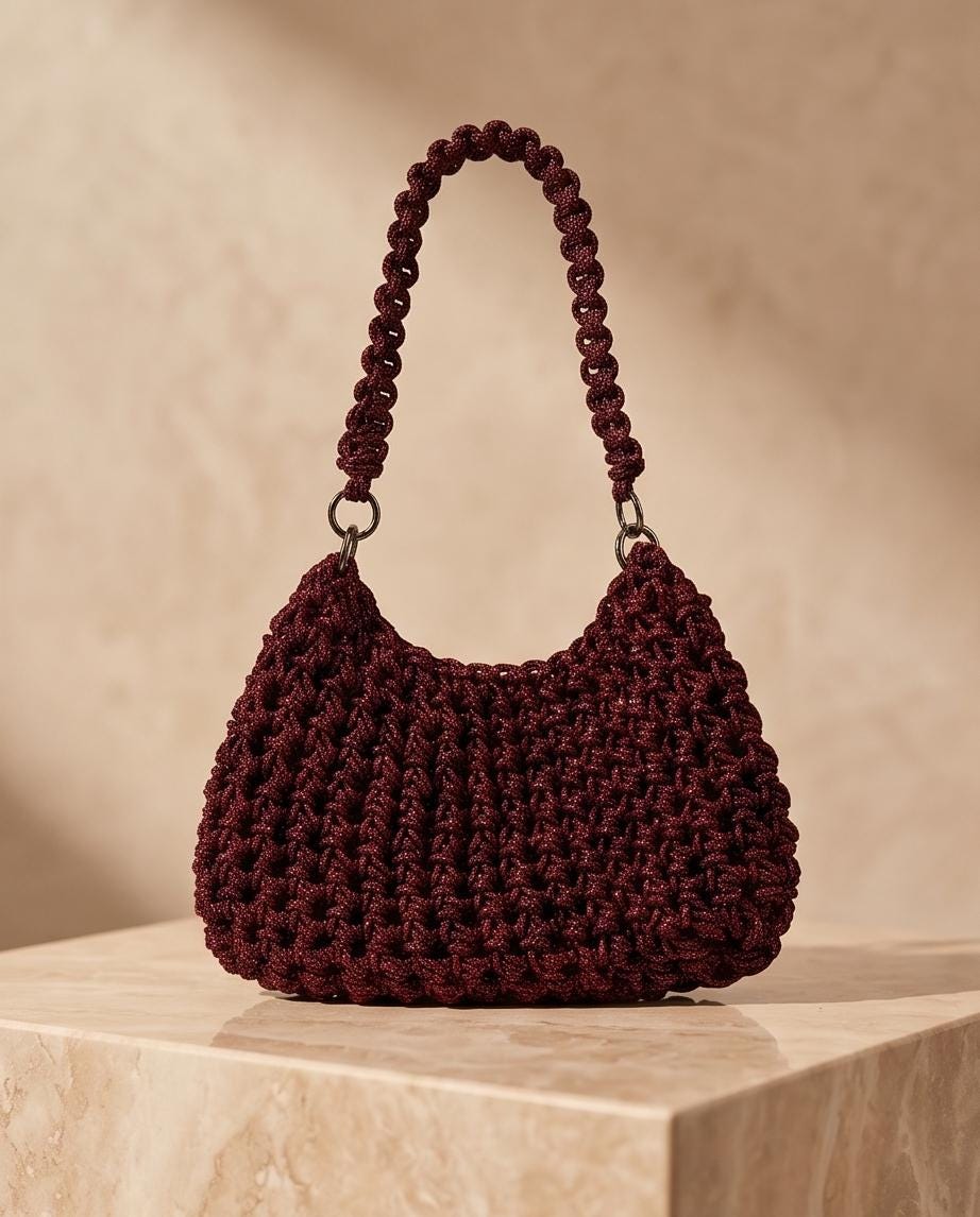 Burgundy Rhinestone Shoulder Bag, Crochet Crystal Purse, Handmade Top Handle Evening Handbag