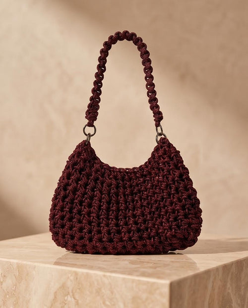 Burgundy Rhinestone Shoulder Bag, Crochet Crystal Purse, Handmade Top Handle Evening Handbag