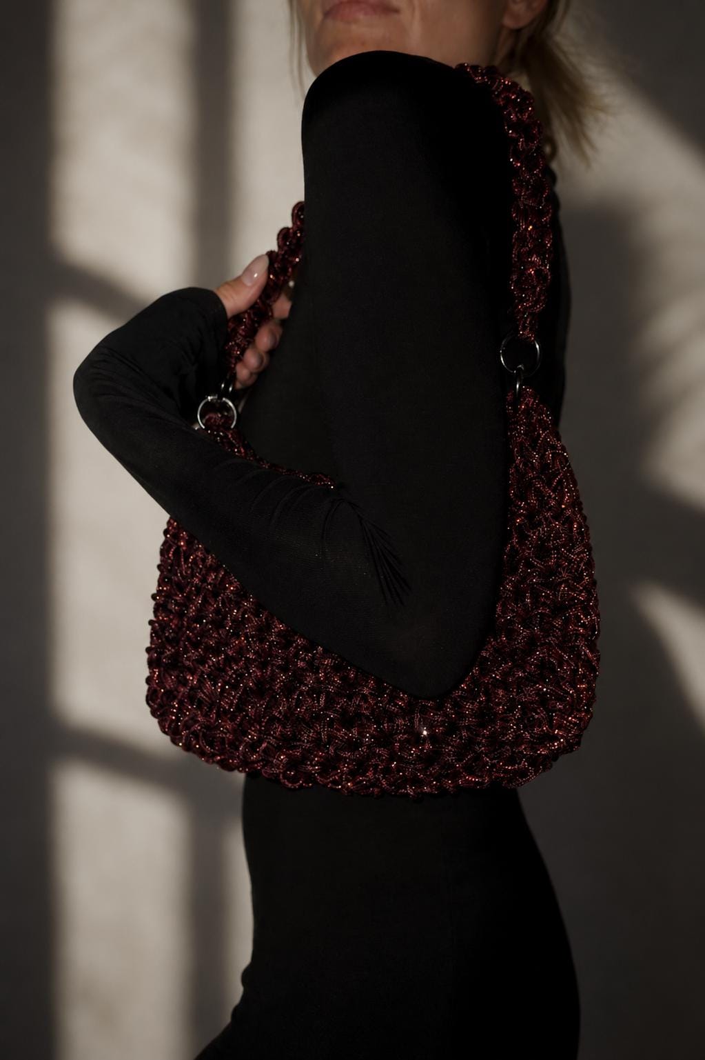 Burgundy Rhinestone Shoulder Bag, Crochet Crystal Purse, Handmade Top Handle Evening Handbag