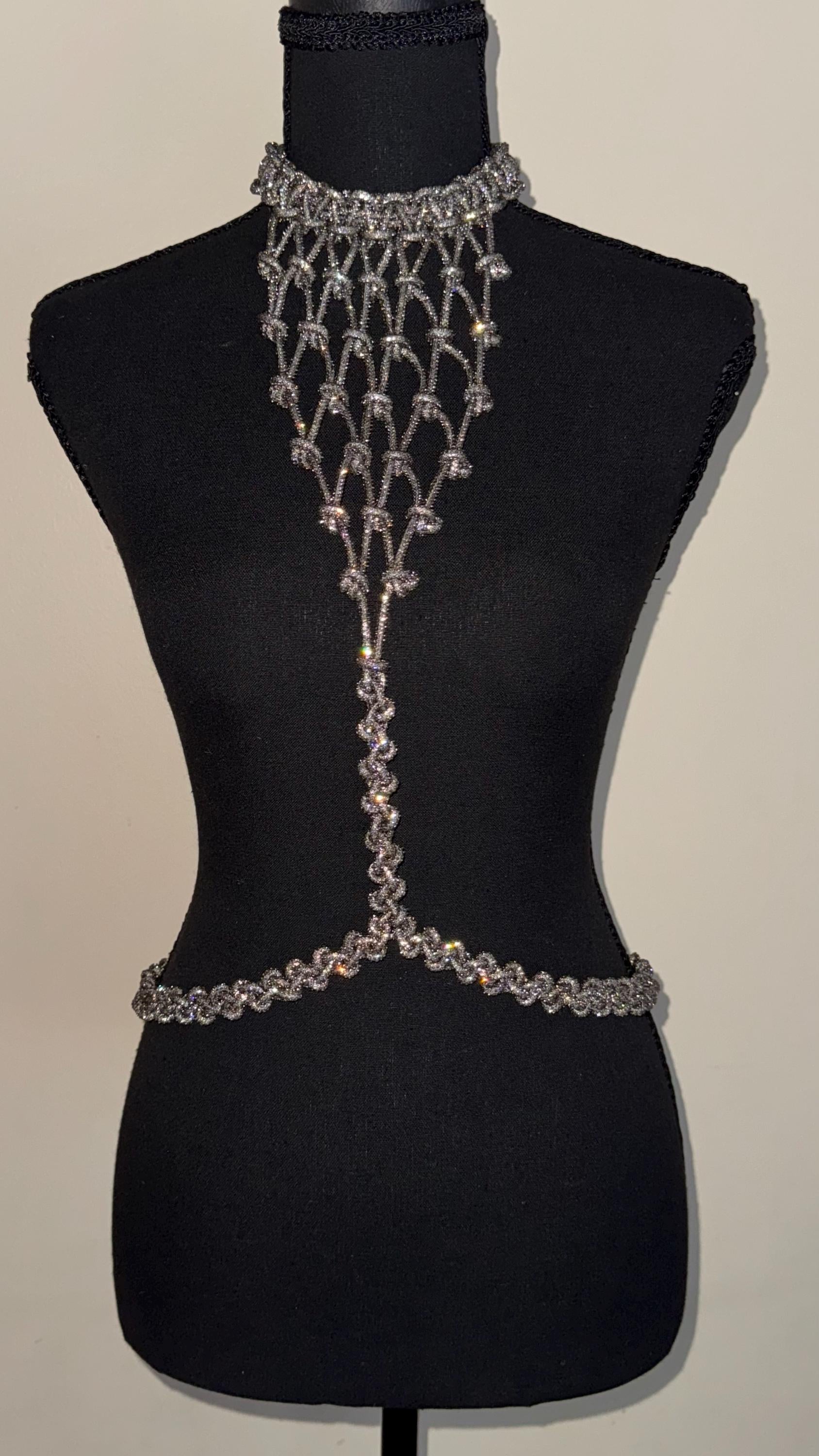 Rhinestone Cord Body Harness, Crystal Macrame Body Jewelry, Custom-Fit Bridal and Festival Outfit