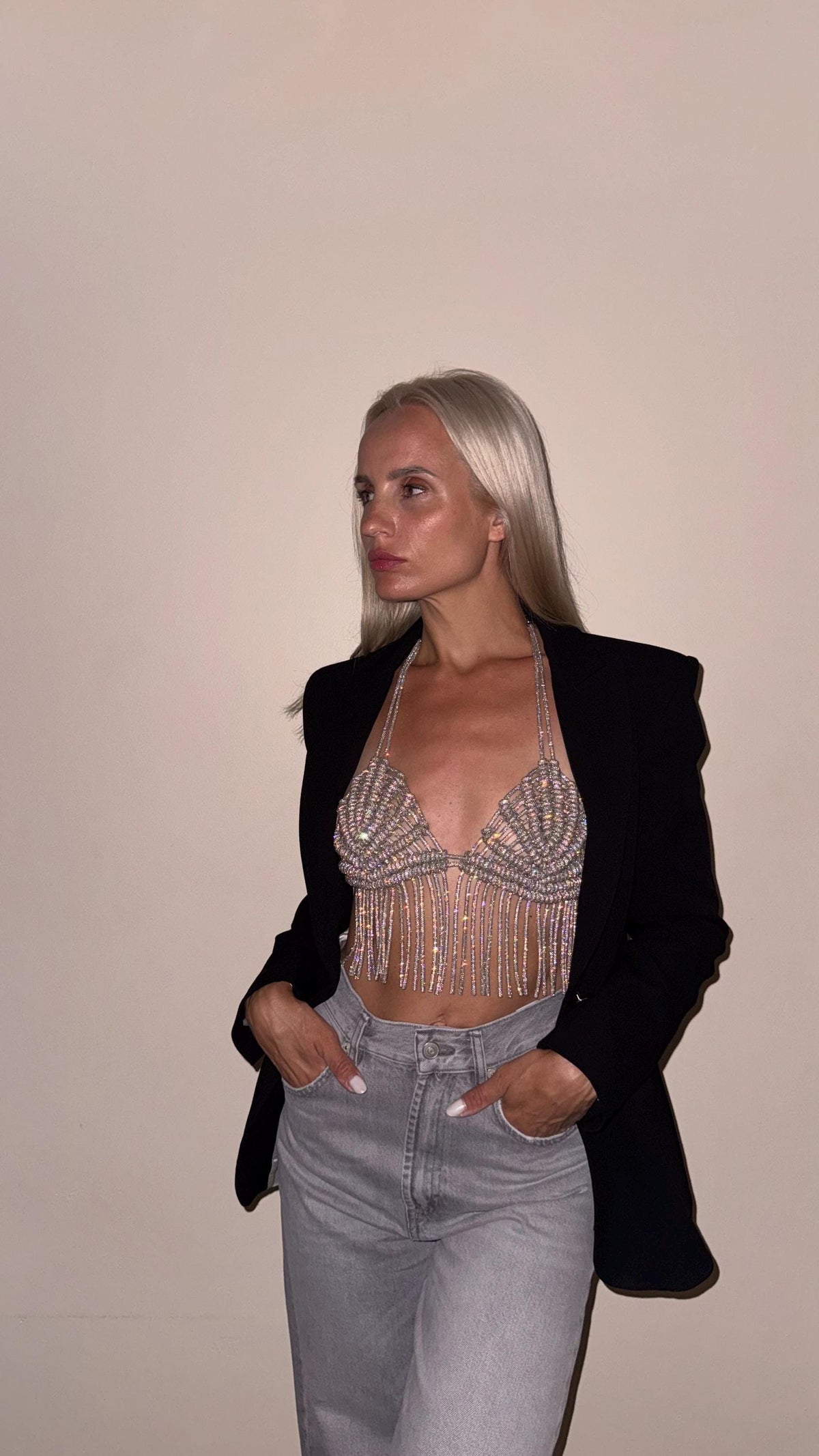 Handmade Rhinestone Halter Top, Crystal Fringe Bralette, Festival Outfit, Sparkly Macrame Top