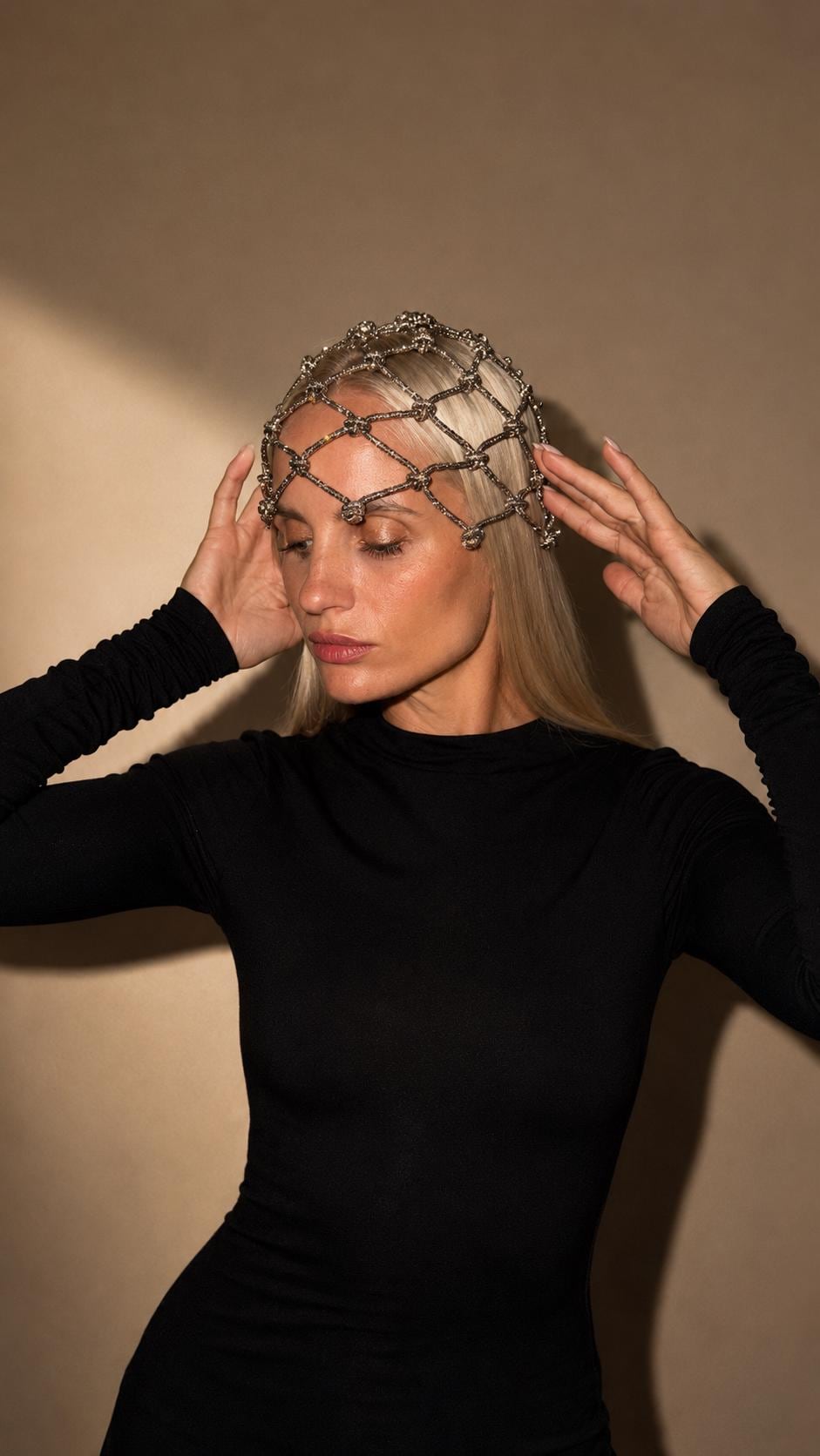 Rhinestone Cord Macrame Headpiece, Crystal Rope Hair Net, Festival Rave Headwear, Boho Hair Jewelry