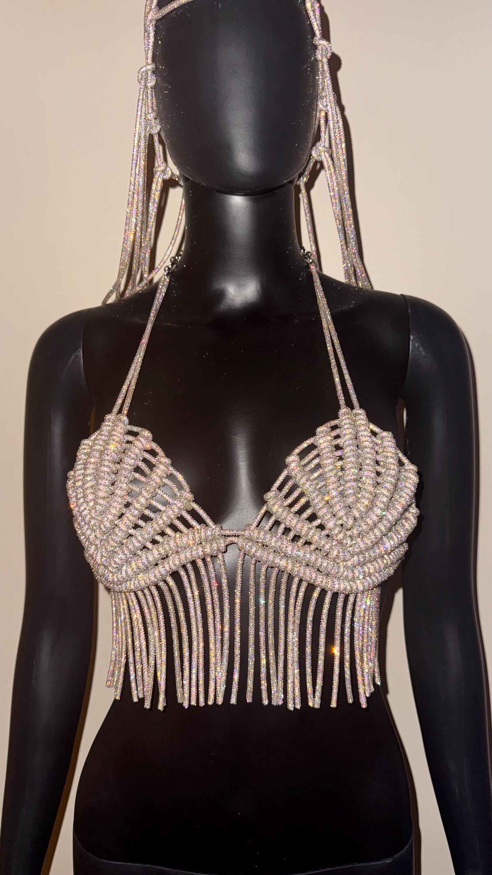 Handmade Rhinestone Halter Top, Crystal Fringe Bralette, Festival Outfit, Sparkly Macrame Top