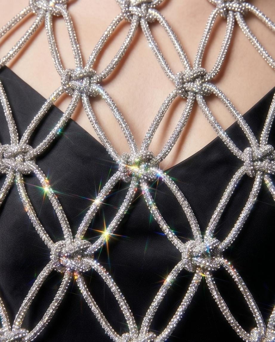 Rhinestone Cord Top, Crystal Fringe Macrame Halter Top, Festival Rave Outfit, Statement Body Jewelry