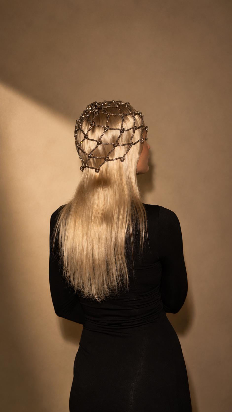Rhinestone Cord Macrame Headpiece, Crystal Rope Hair Net, Festival Rave Headwear, Boho Hair Jewelry