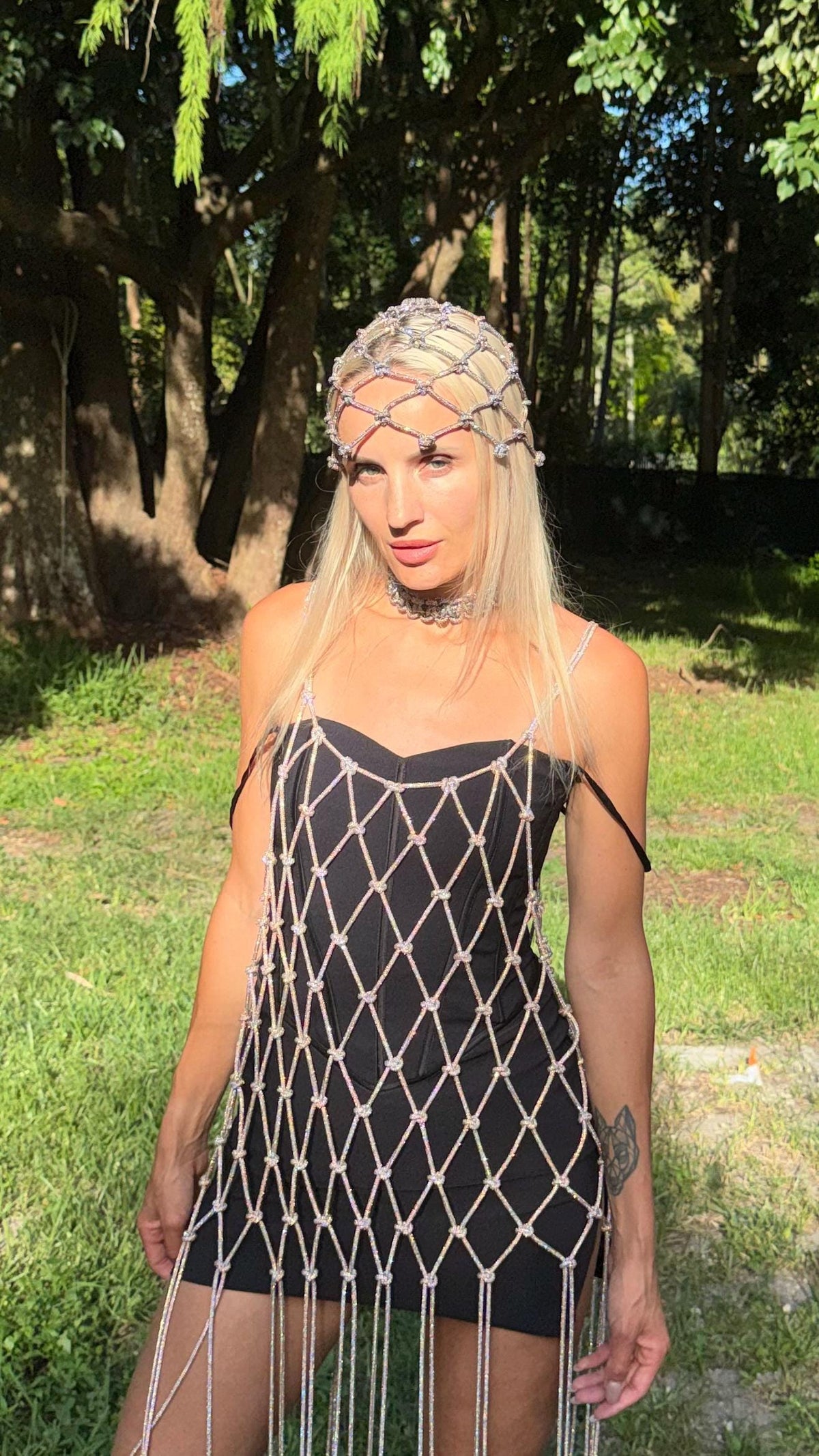 Rhinestone Cord Macrame Headpiece, Crystal Rope Hair Net, Festival Rave Headwear, Boho Hair Jewelry