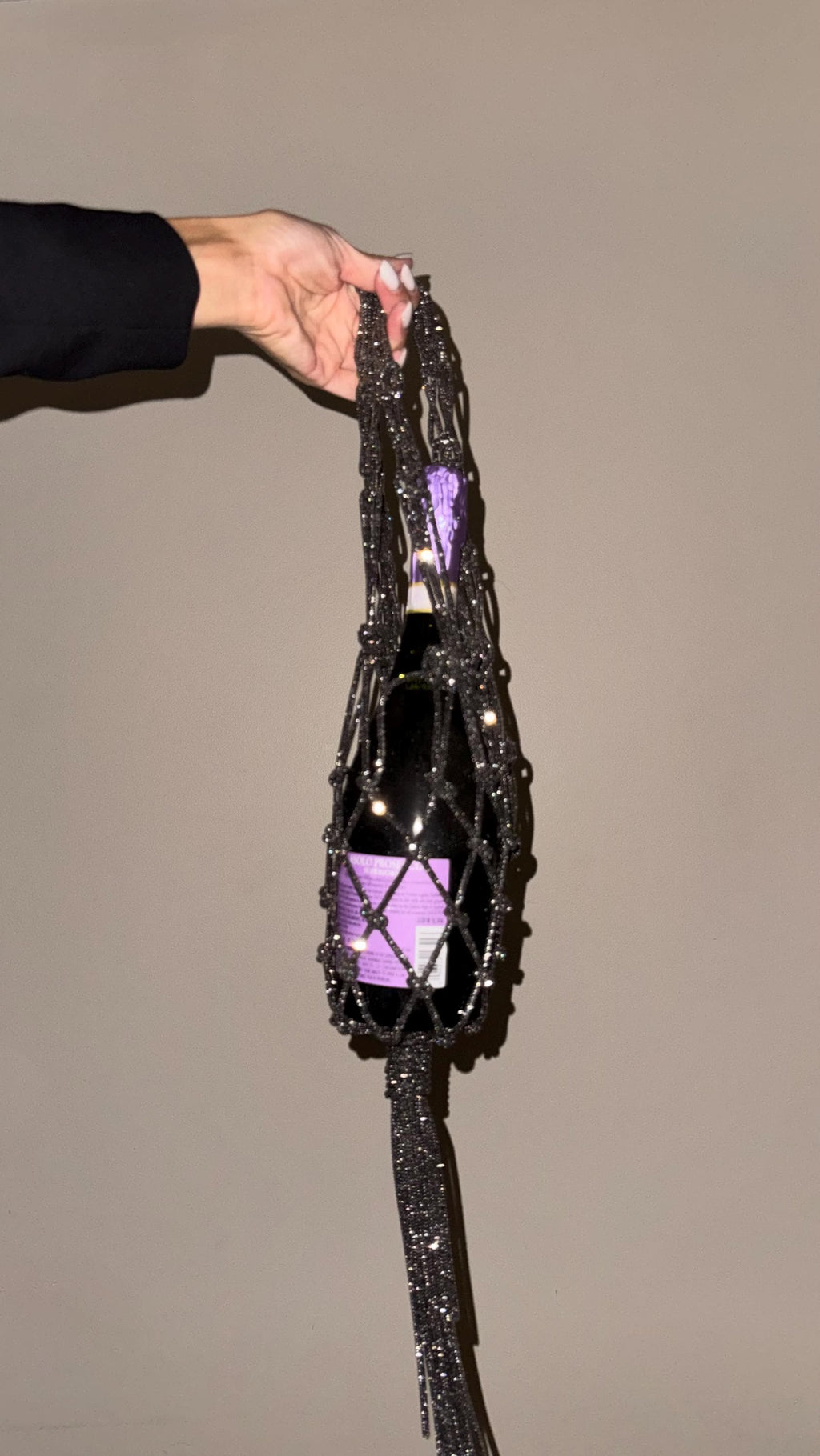 Rhinestone Wine Bottle Bag, Sparkly Champagne Carrier, Macrame Crossbody Bottle Sling