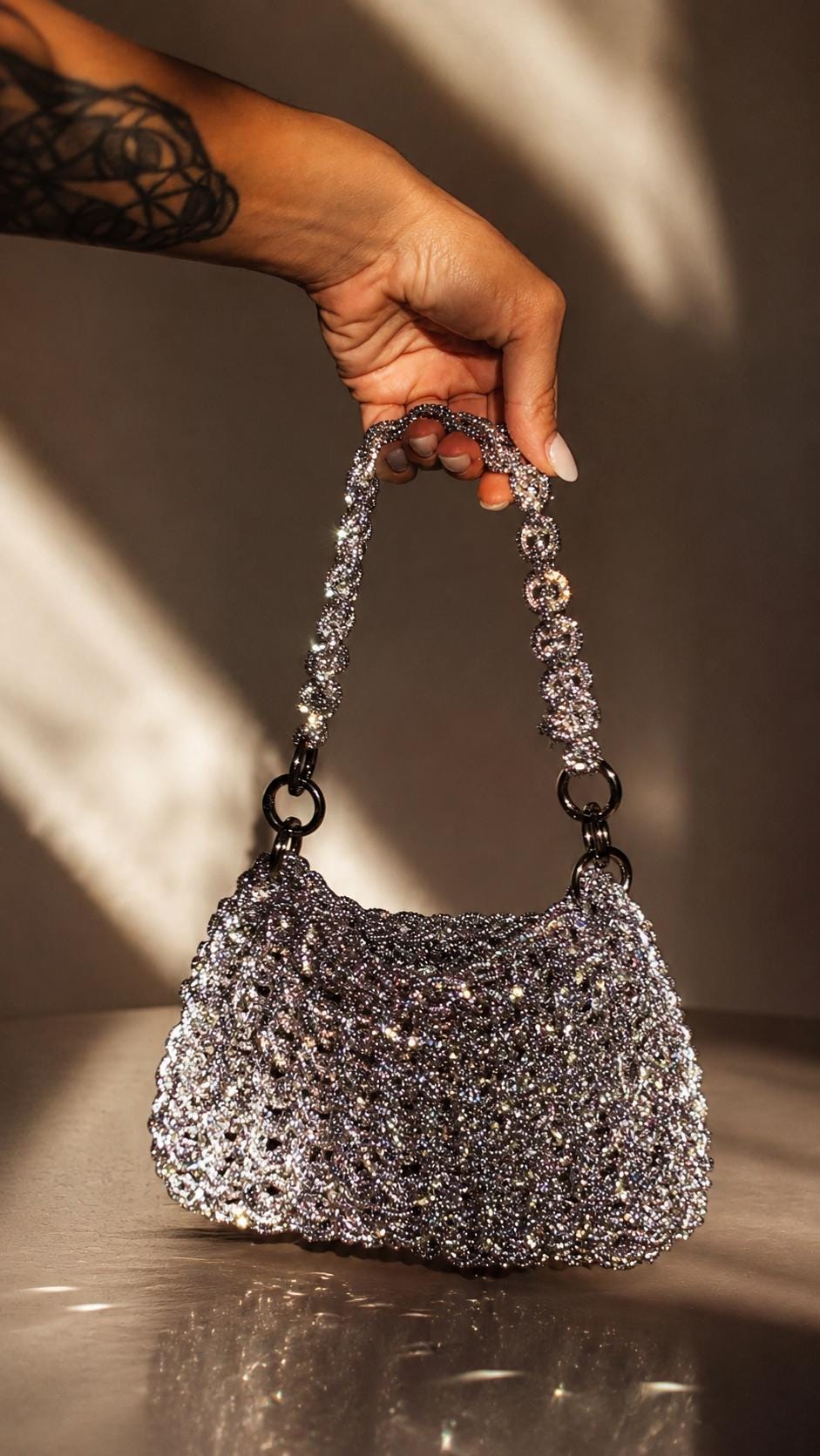 Rhinestone Evening Bag, Crystal Crochet Purse, Sparkly Shoulder Handbag, Wedding Party Accessory