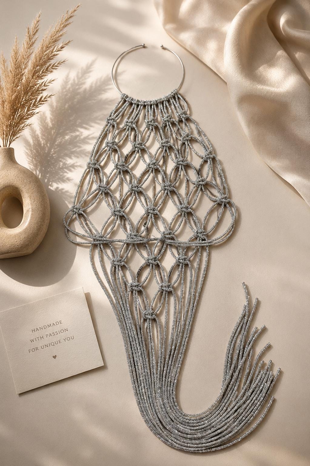 Rhinestone Cord Top, Crystal Fringe Macrame Halter Top, Festival Rave Outfit, Statement Body Jewelry
