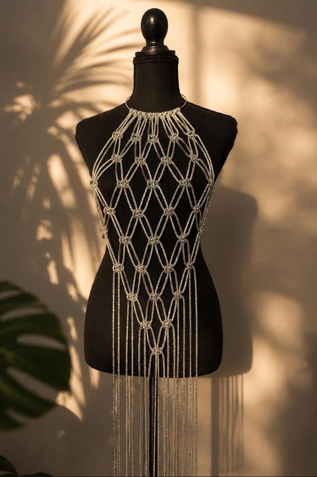Rhinestone Cord Top, Crystal Fringe Macrame Halter Top, Festival Rave Outfit, Statement Body Jewelry
