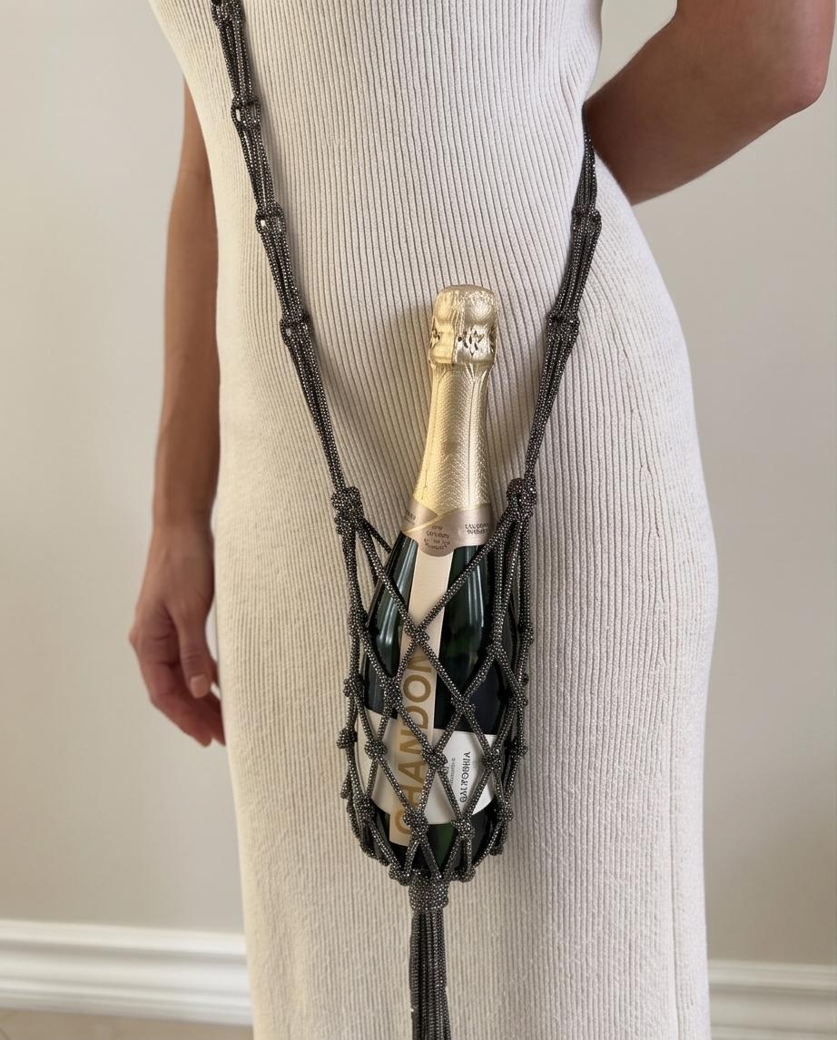 Rhinestone Wine Bottle Bag, Sparkly Champagne Carrier, Macrame Crossbody Bottle Sling