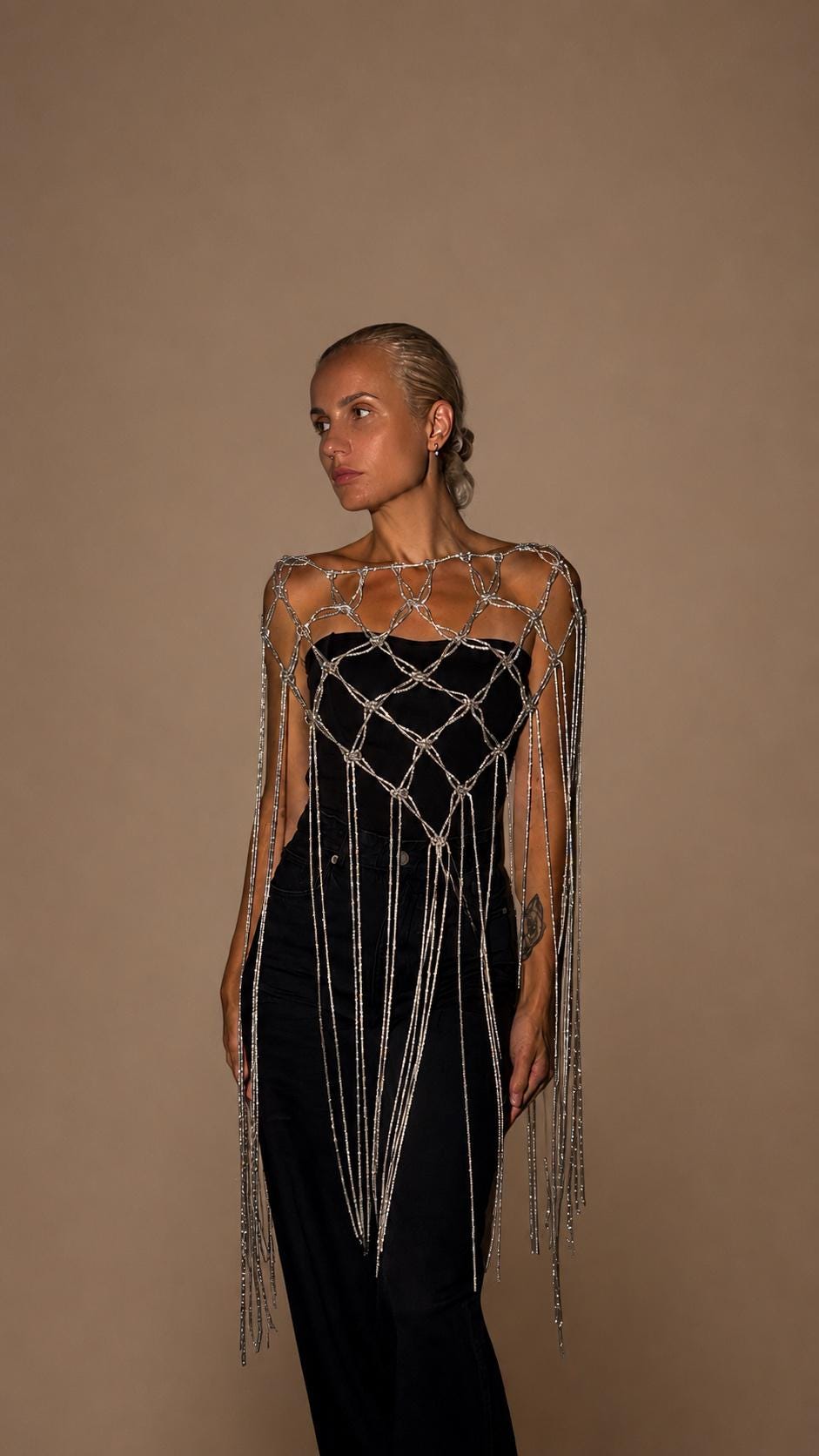 Rhinestone Cord Shoulder Cape, Crystal Macrame Bridal Epaulettes, Festival Statement Body Jewelry