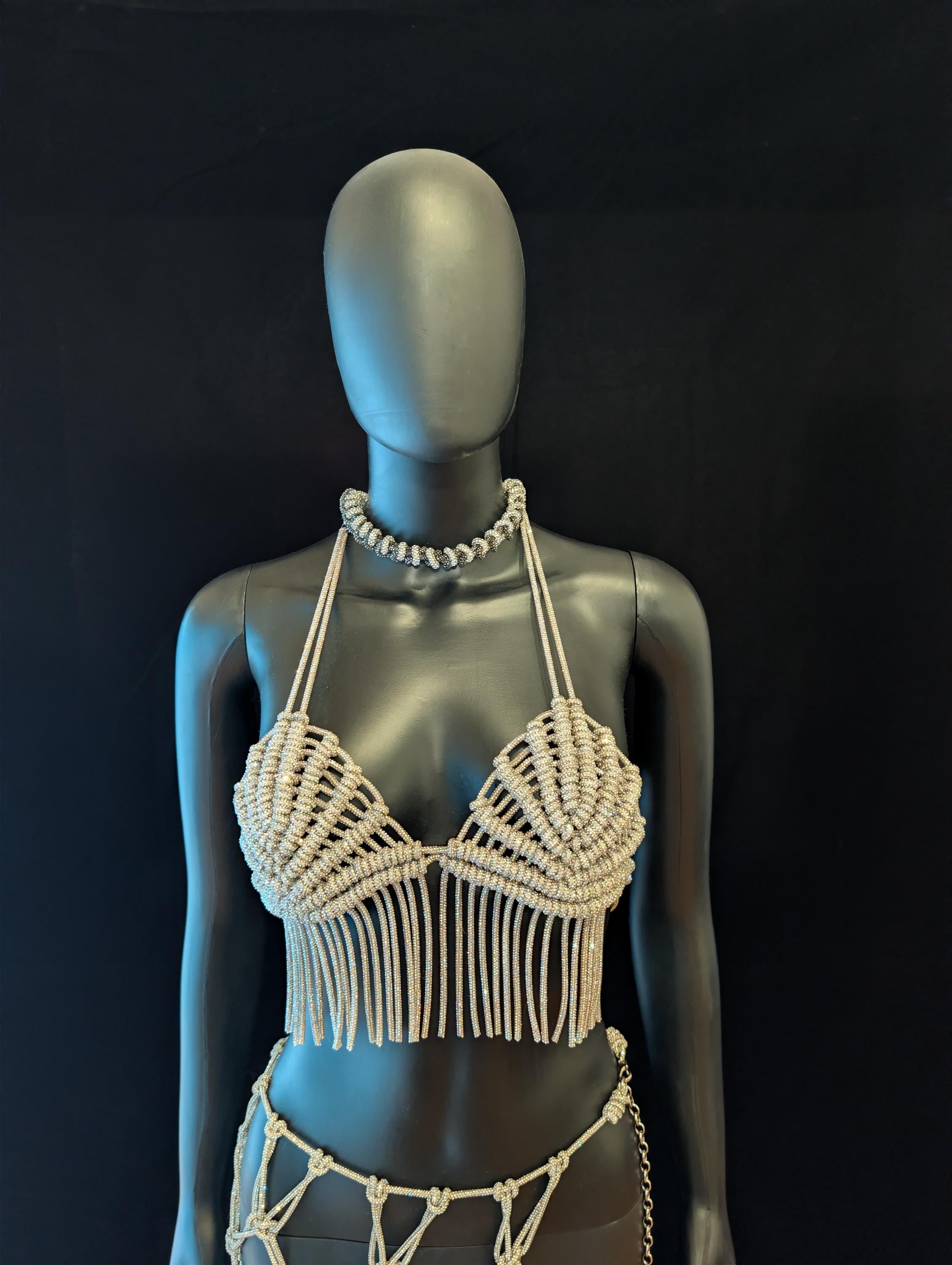 Handmade Rhinestone Halter Top, Crystal Fringe Bralette, Festival Outfit, Sparkly Macrame Top