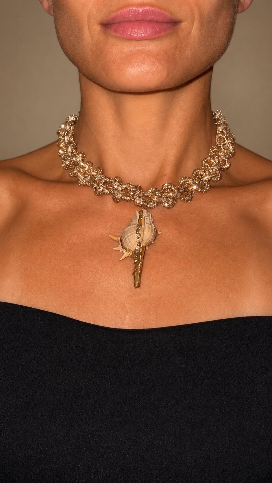 Gold Rhinestone Choker Necklace with Real Seashell Pendant, Handmade Statement Beach Jewelry