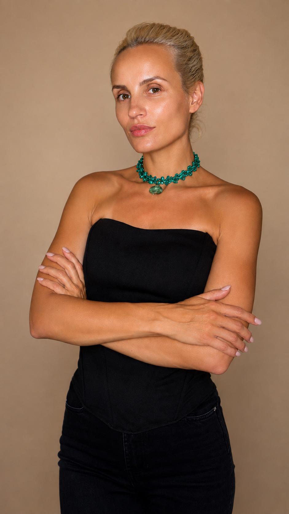 Emerald Green Rhinestone Choker, Natural Seashell Pendant, Boho Coastal Statement Necklace