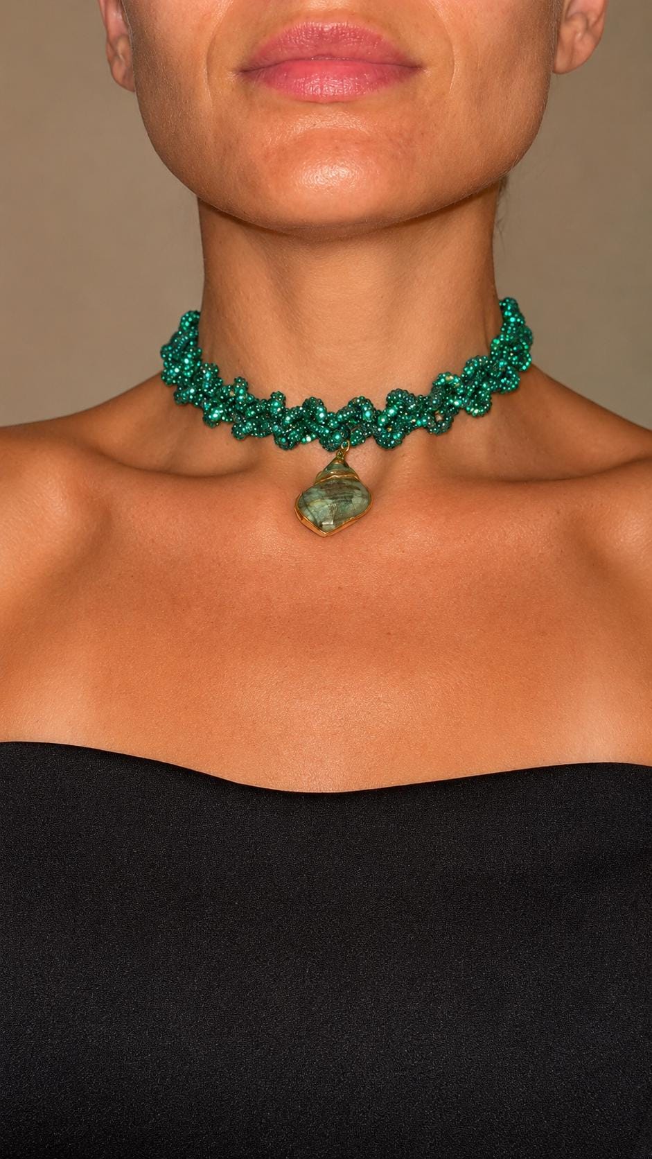 Emerald Green Rhinestone Choker, Natural Seashell Pendant, Boho Coastal Statement Necklace