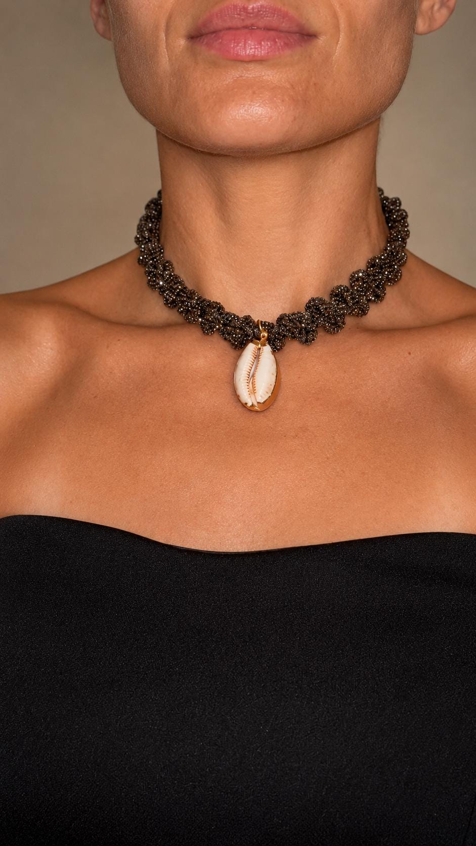 Black Rhinestone Choker, Natural Cowrie Shell Pendant, Boho Coastal Statement Necklace