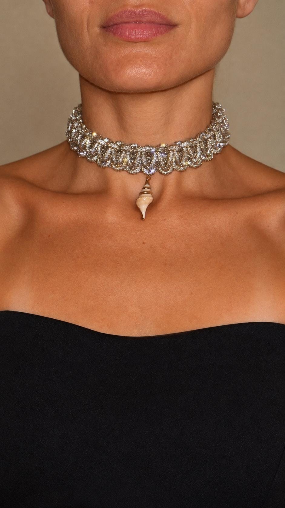 Silver Rhinestone Choker, Natural Seashell Pendant, Coastal Statement Necklace