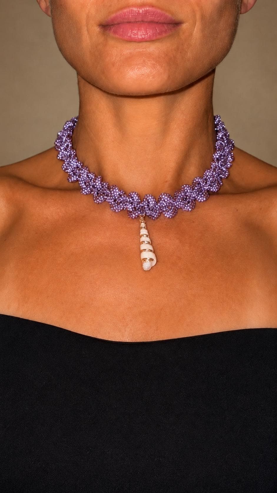 Handmade Lilac Rhinestone Choker Necklace, Natural Shell Pendant, Beach Glam Jewelry