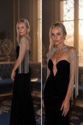 Luxury silver rhinestone shoulder wrap and statement body jewelry elegantly draped over a black evening dress.