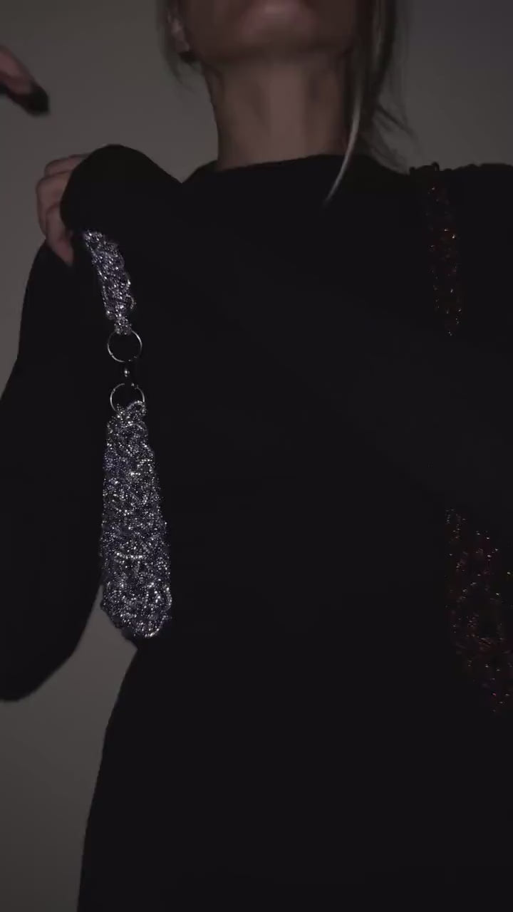Rhinestone Evening Bag, Crystal Crochet Purse, Sparkly Shoulder Handbag, Wedding Party Accessory