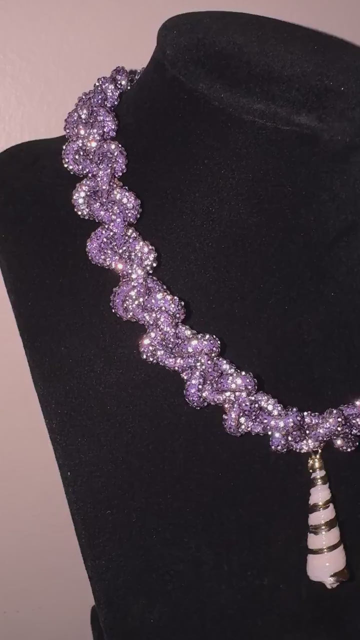 Handmade Lilac Rhinestone Choker Necklace, Natural Shell Pendant, Beach Glam Jewelry
