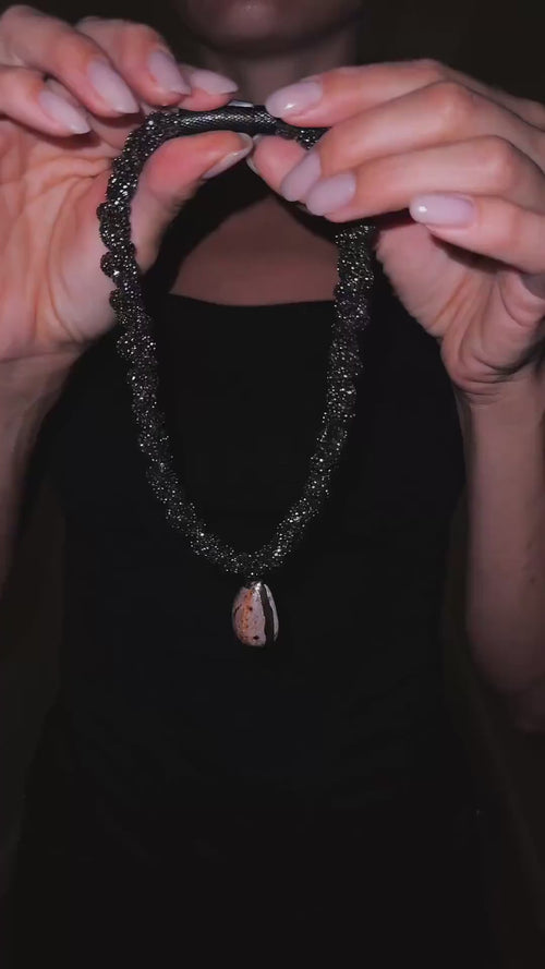 Black Rhinestone Choker, Natural Cowrie Shell Pendant, Boho Coastal Statement Necklace