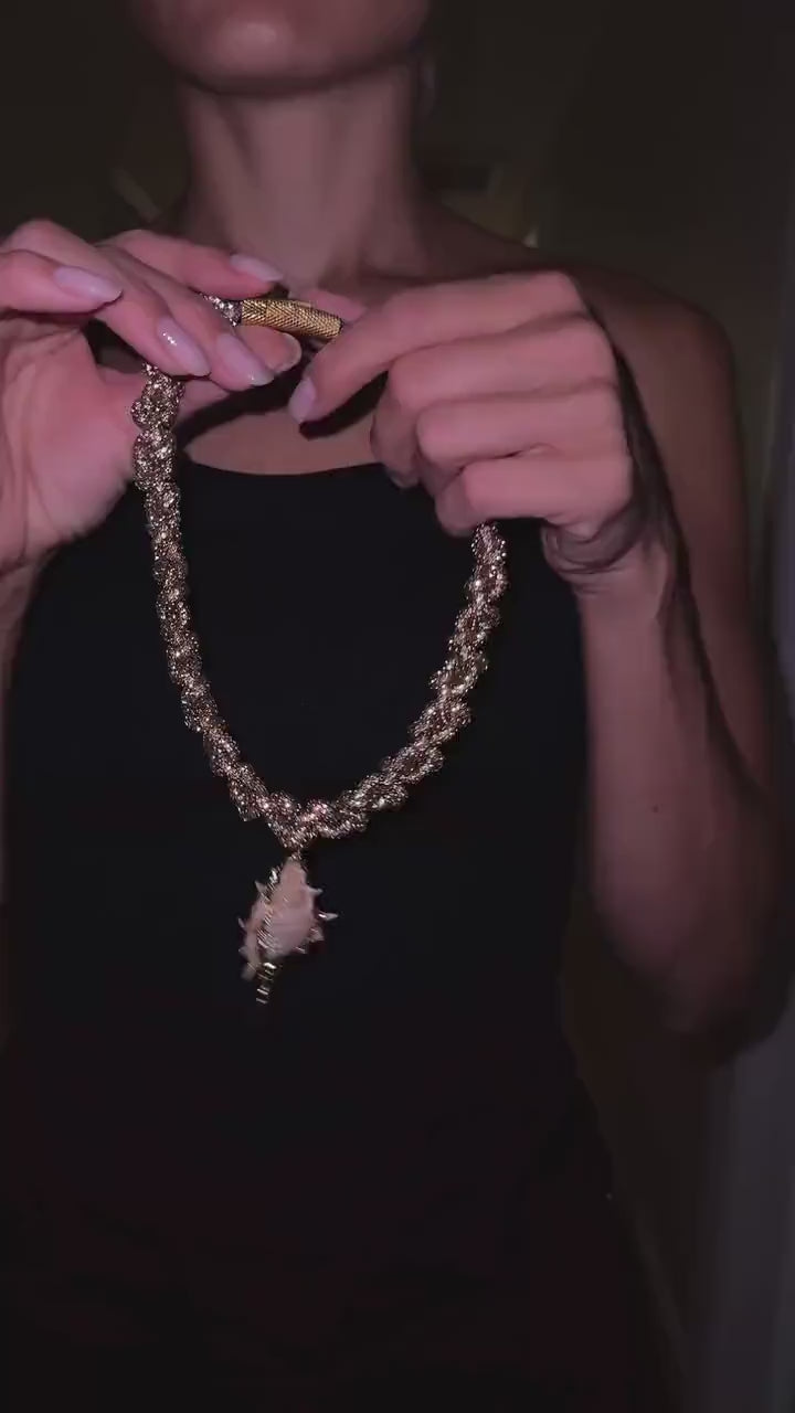 Gold Rhinestone Choker Necklace with Real Seashell Pendant, Handmade Statement Beach Jewelry