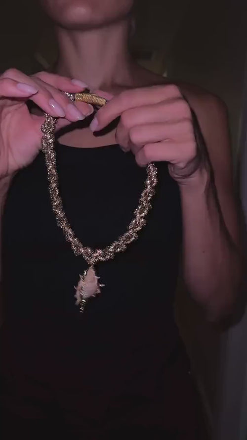 Gold Rhinestone Choker Necklace with Real Seashell Pendant, Handmade Statement Beach Jewelry