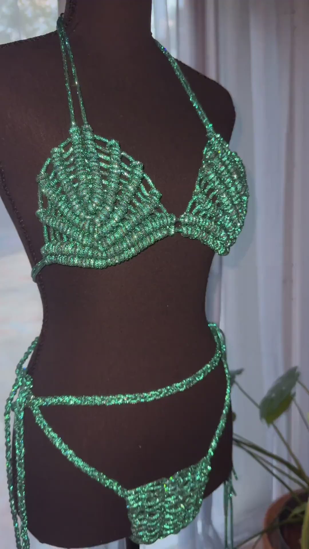 Rhinestone Bikini Set, Handmade Macrame Swimwear, Green Crystal Two Piece, Festival Beachwear, Custom Size