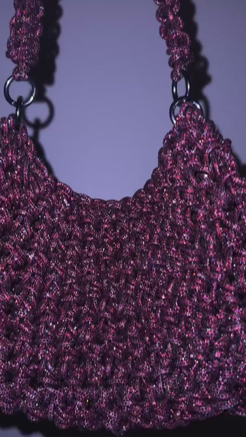 Burgundy Rhinestone Shoulder Bag, Crochet Crystal Purse, Handmade Top Handle Evening Handbag