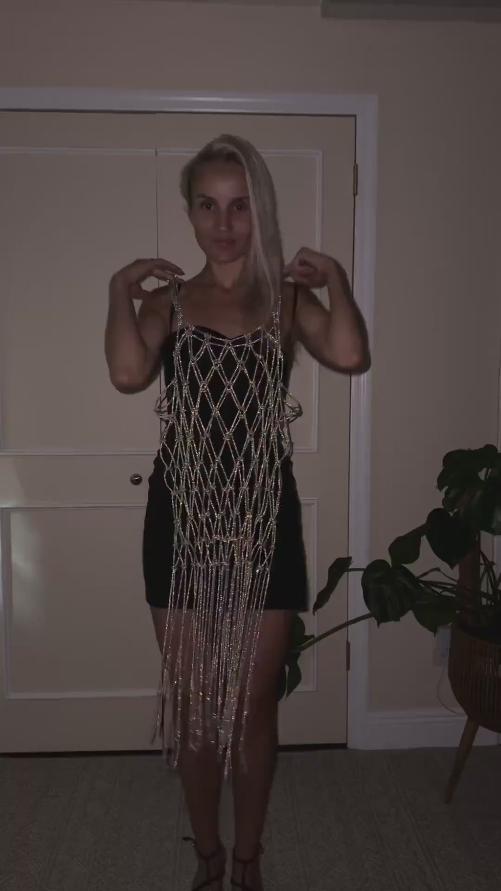 Handmade Rhinestone Cord Dress, Crystal Fringe Macrame Festival Cover-Up