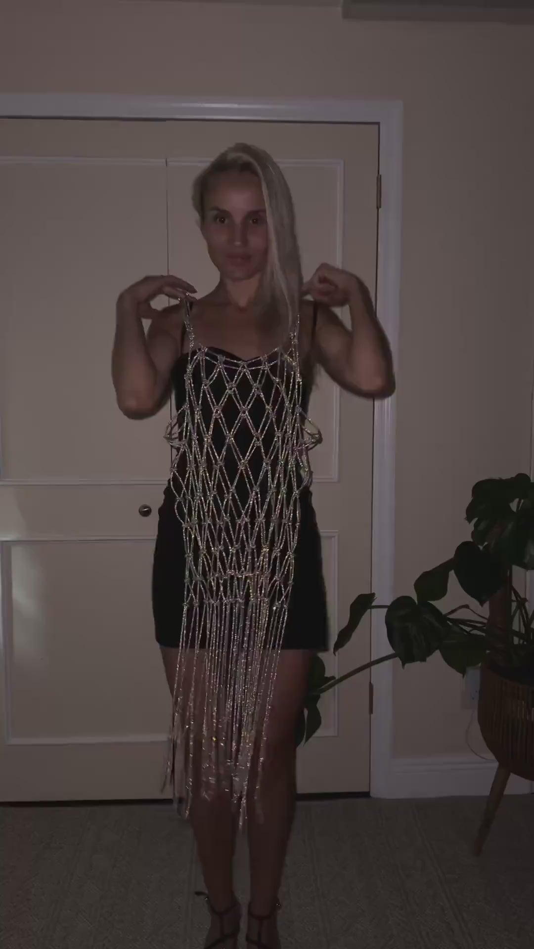 Handmade Rhinestone Cord Dress, Crystal Fringe Macrame Festival Cover-Up