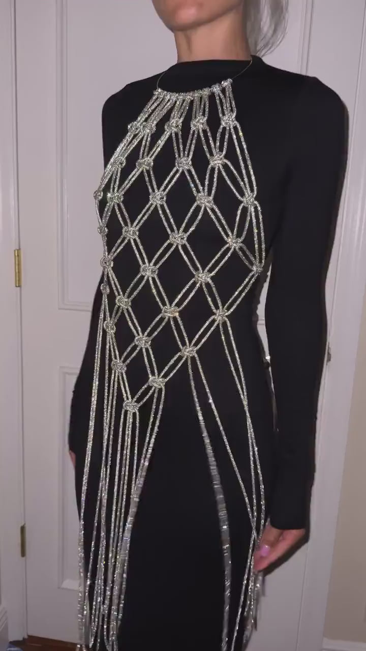 Rhinestone Cord Top, Crystal Fringe Macrame Halter Top, Festival Rave Outfit, Statement Body Jewelry